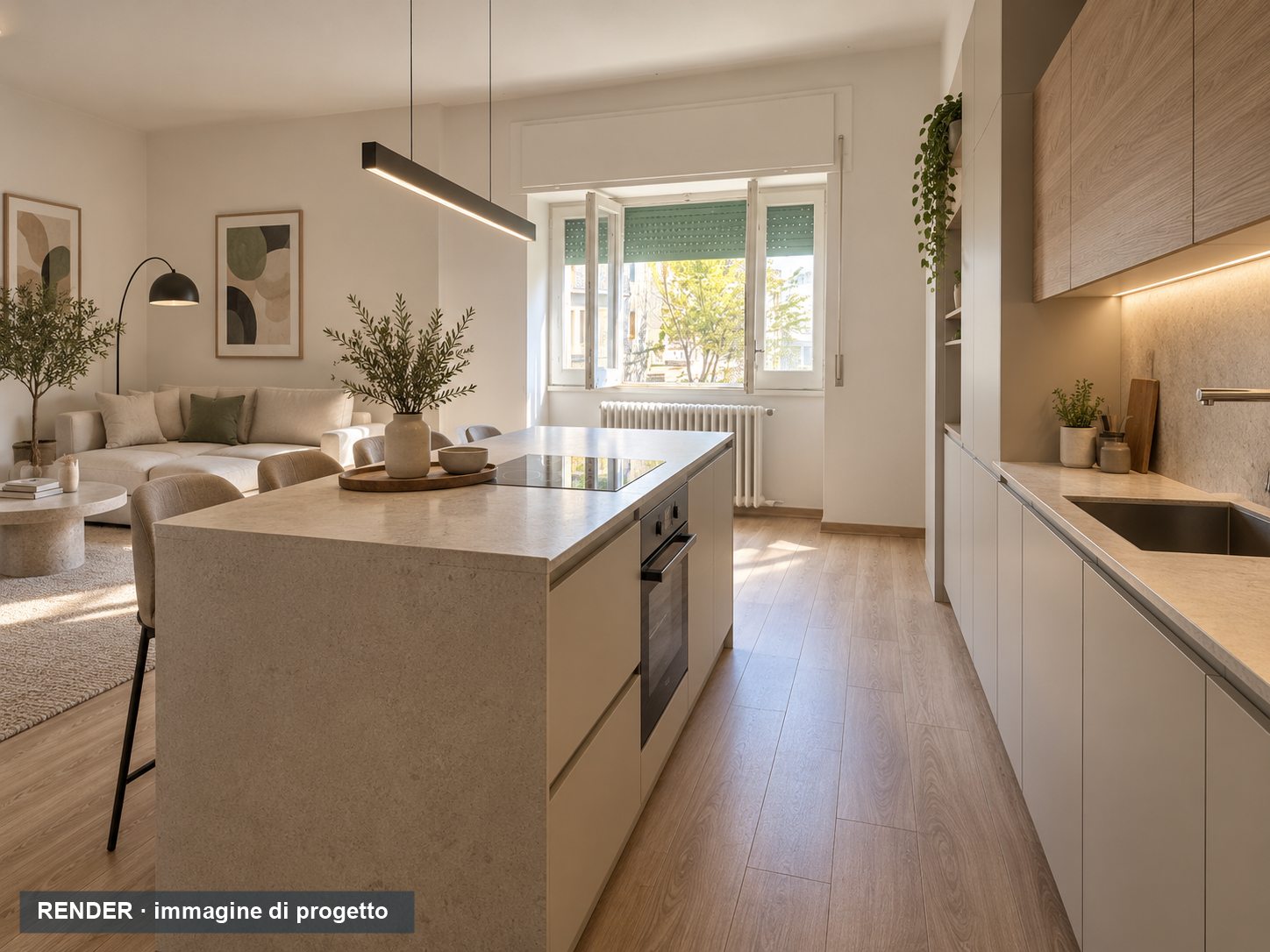 Render living e cucina con isola