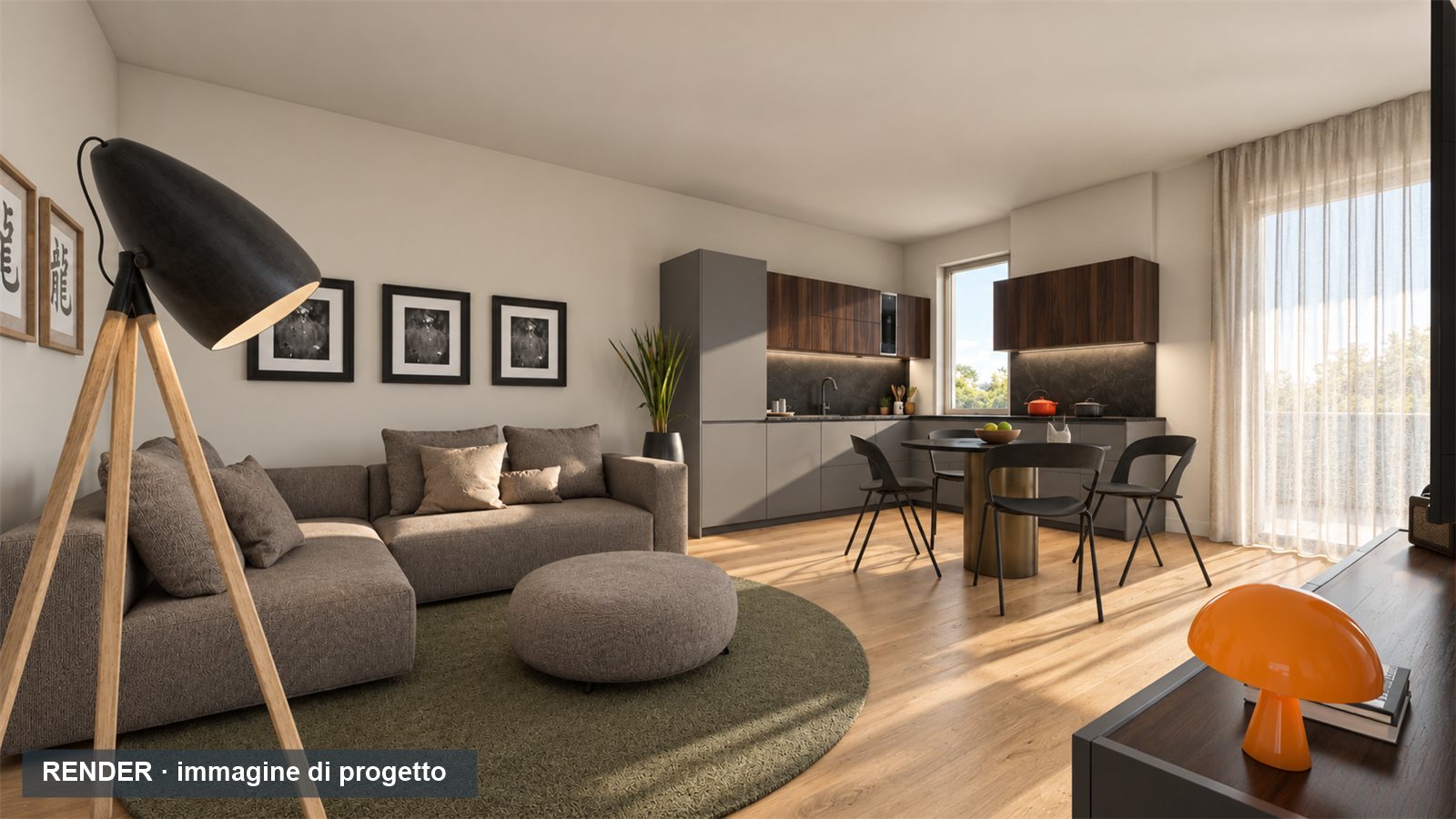 Render del living con cucina