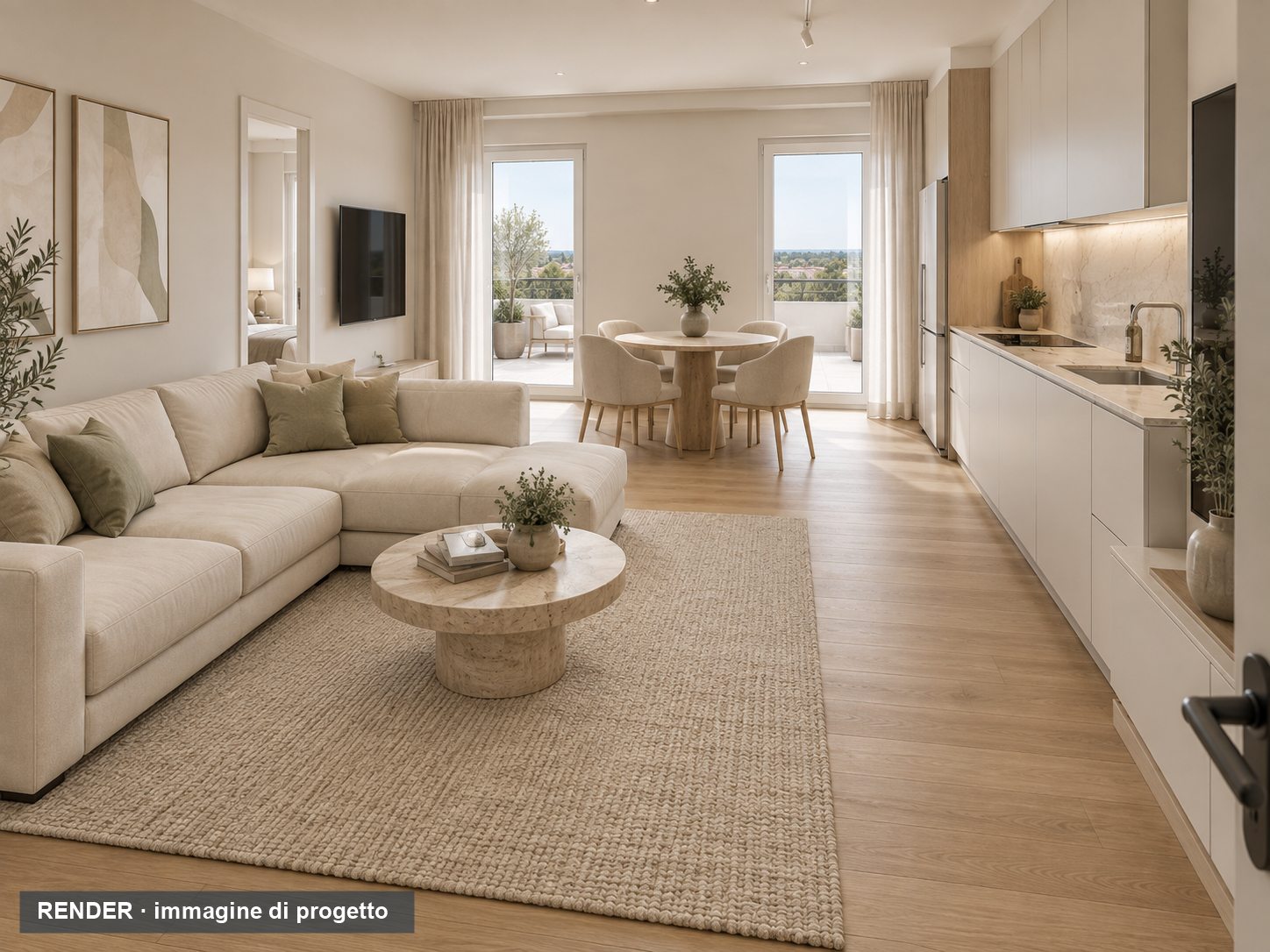 Render del living con cucina e terrazzo